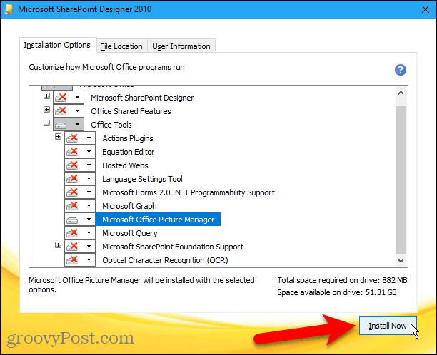 Cliquez sur Installer maintenant pour installer Microsoft Office Picture Manager à partir de Sharepoint Designer 2010