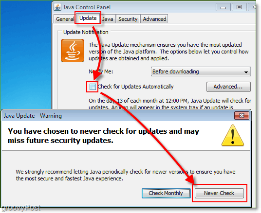 Capture d'écran: Windows 7 désactiver les vérifications de mise à jour Java