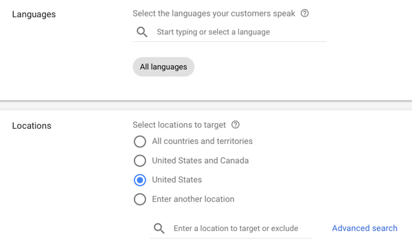 Comment configurer une campagne publicitaire YouTube, étape 12, définir les options d'affichage de la langue et de l'emplacement