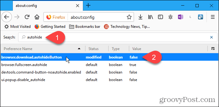 Double-cliquez sur le paramètre de configuration autohideButton dans Firefox