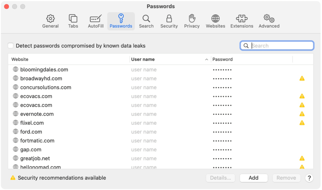 Exemples de mot de passe Safari pour Mac