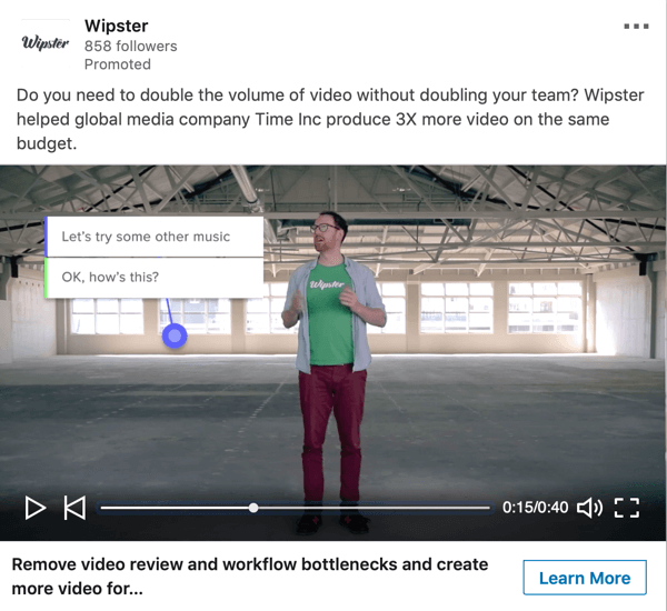 Comment créer des publicités LinkedIn basées sur des objectifs, un échantillon d'annonce vidéo sponsorisée par Wipster