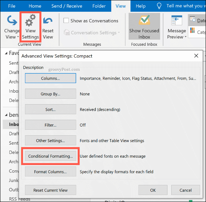 Le bouton d'options de mise en forme conditionnelle dans Microsoft Outlook