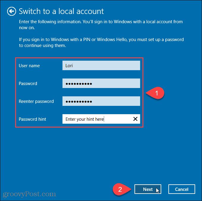 Entrez le nom d'utilisateur et le mot de passe pour le nouveau compte local