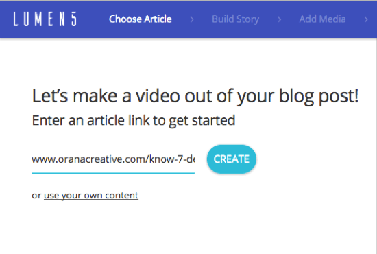 Ajoutez l'URL du billet de blog à partir duquel vous souhaitez créer une vidéo Lumen5.