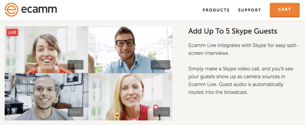 Ecamm Live vous permet d'intégrer des utilisateurs Skype dans votre flux en direct.