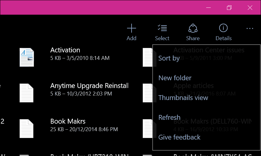Fenêtres de l'application OneDrive 10 5