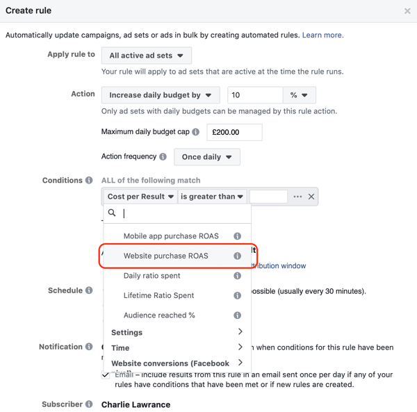 Utilisez les règles automatisées de Facebook, augmentez le budget lorsque le ROAS est supérieur à 2, étape 3, définissez les conditions