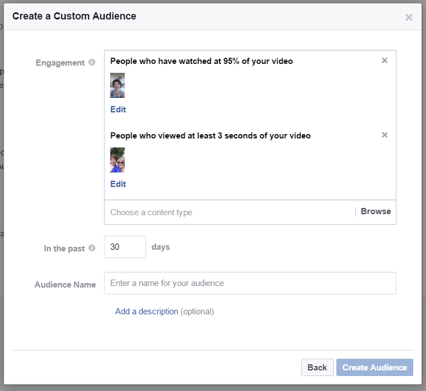 Créez une audience personnalisée de personnes qui ont regardé différentes vidéos sur votre page d'entreprise Facebook.