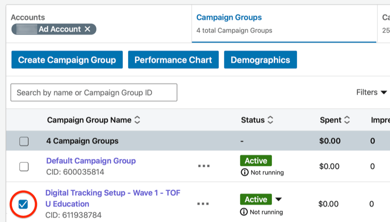 Tableau de bord du gestionnaire de campagne linkedin avec le nouveau groupe de campagnes mis en évidence