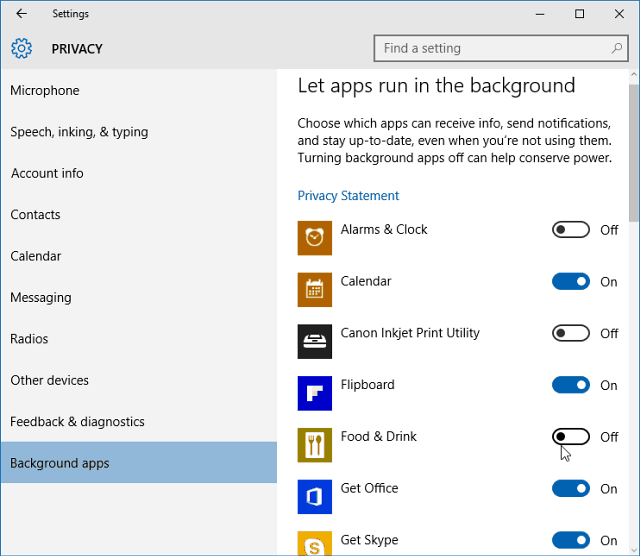 Désactiver les applications d'arrière-plan Windows 10