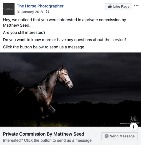 Comment convertir les visiteurs du site Web avec des publicités Facebook Messenger, étape 3, exemple de publication par The Horse Photographer