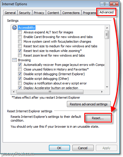 l'onglet avancé est l'endroit où se trouve le bouton de réinitialisation IE8 dans les options