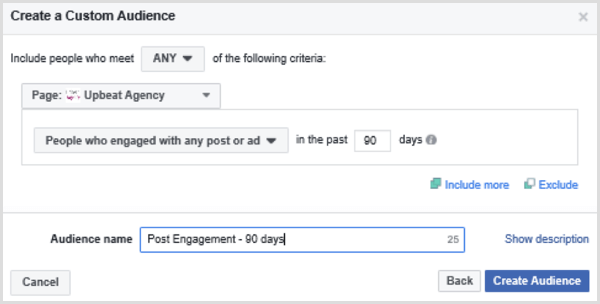 Choisissez des options pour configurer une audience Facebook personnalisée en fonction des personnes qui se sont engagées avec un message ou une annonce au cours des 90 derniers jours