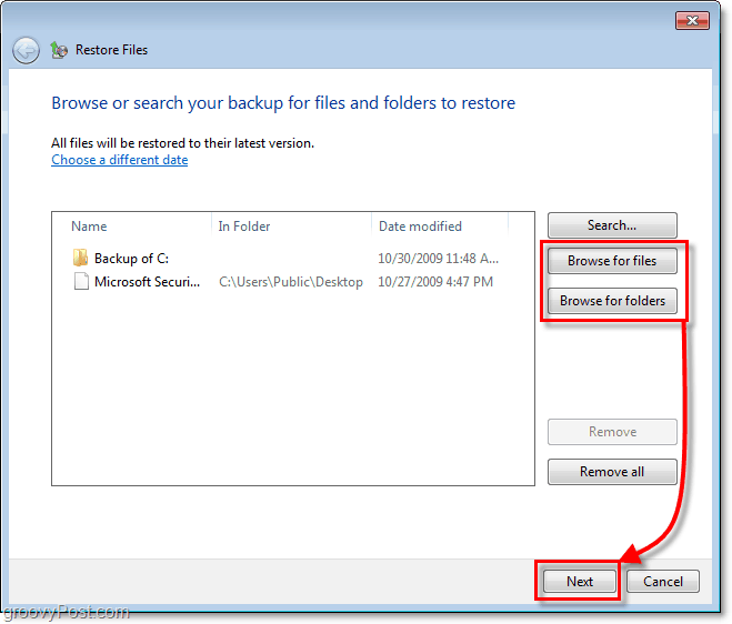 Sauvegarde Windows 7 - sélectionnez les fichiers ou dossiers que vous souhaitez restaurer