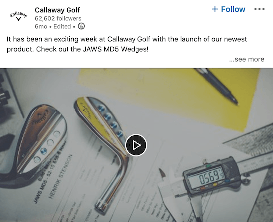 Vidéo LinkedIn de Callaway Golf annonçant un nouveau produit