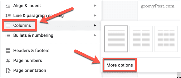 Sélection des options de colonne dans Google Docs