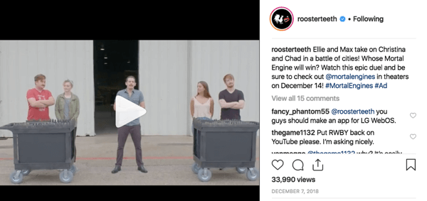 Exemple d'engagement superfan de Rooster Teeth sur Instagram.