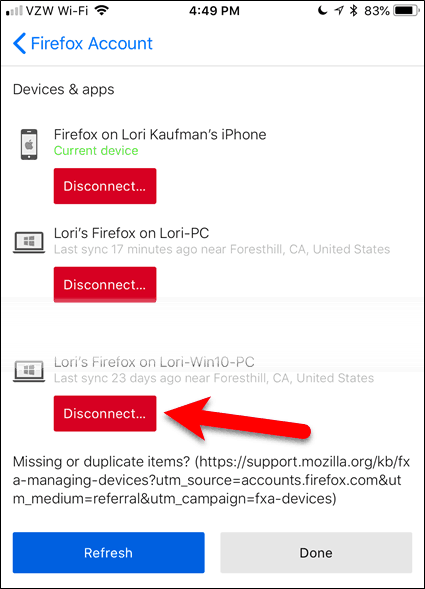 Déconnectez un appareil dans Firefox pour iOS