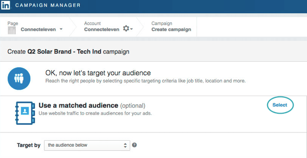Cliquez sur Sélectionner pour utiliser le trafic du site Web pour créer une audience.