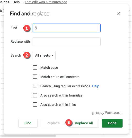 Rechercher et remplacer le menu dans Google Sheets