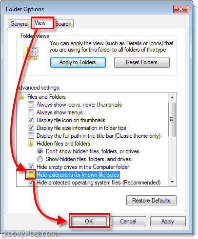 dans la boîte de dialogue des options du dossier Windows 7, cliquez sur l'onglet Affichage, puis décochez Masquer les extensions pour les types de fichiers connus