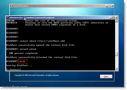 Invite CMD de sortie de démarrage double pour Windows 7 Native VHD Install