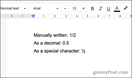 Un exemple de fractions dans Google Docs