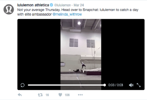 Aperçu de la vidéo de lululemon Snapchat sur twitter
