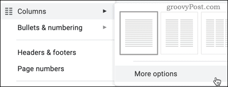 L'option Plus d'options pour les colonnes dans Google Documents