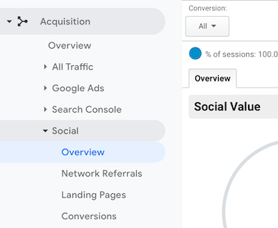 menu de navigation dans Google Analytics avec Social> Aperçu sélectionné