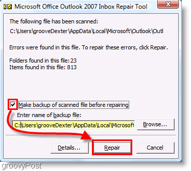 Capture d'écran - Menu de réparation d'Outlook 2007 ScanPST