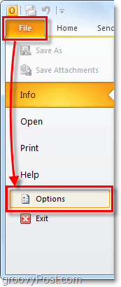 menu d'options dans Outlook 2010