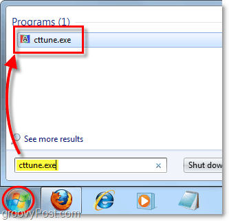à partir du menu Démarrer de Windows 7, chargez cctune.exe pour charger le tuner clearType