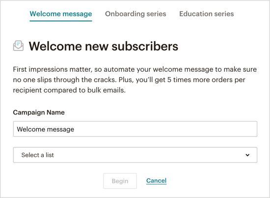 Sélectionnez le type d'e-mail de bienvenue automatisé que vous souhaitez envoyer via votre bot Messenger. 