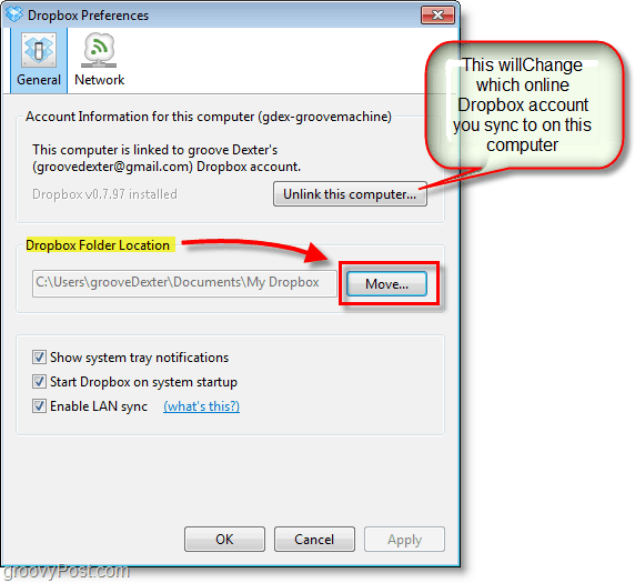 Capture d'écran de Dropbox - changer l'emplacement par défaut de dropbox ou changer / supprimer des comptes dropbox