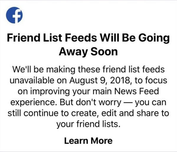 Les utilisateurs de Facebook ne pourront plus utiliser les listes d'amis pour voir les publications d'amis spécifiques dans un flux à l'aide de l'application Facebook pour les appareils iOS après le 9 août 2018. 