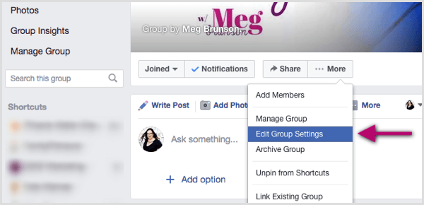 Cliquez sur le menu Plus et sélectionnez Modifier les paramètres du groupe.