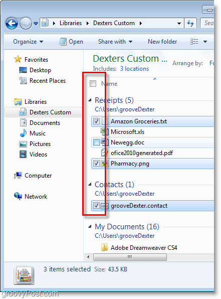 Capture d'écran de Windows 7 - utilisez les cases à cocher pour sélectionner vos articles, groovy!