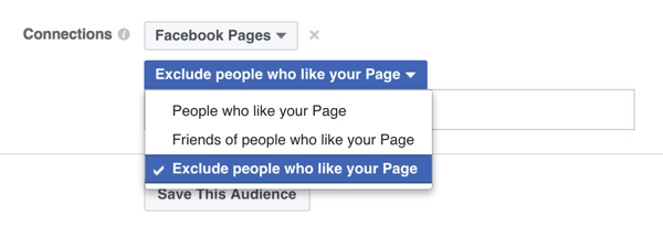 Option de ciblage des publicités Facebook pour exclure les personnes qui aiment déjà une page