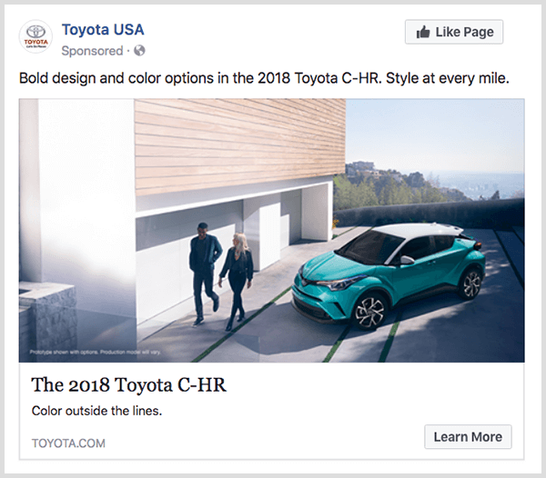 L'annonce d'engagement sur Facebook de Toyota présente le Toyota C-HR turquoise et un bouton En savoir plus.