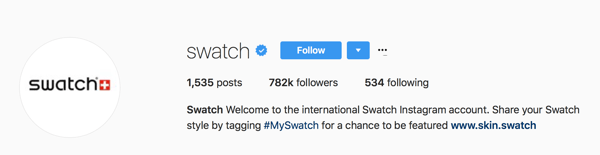 Swatch demande aux utilisateurs de marquer leurs publications avec #MySwatch pour avoir une chance d'être présenté sur leur compte Instagram.