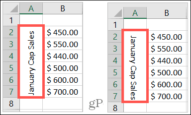 Texte pivoté de haut en bas dans Excel