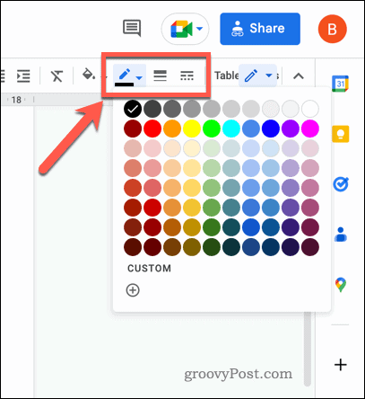 Icônes de la barre d'outils de bordure de tableau Google Docs
