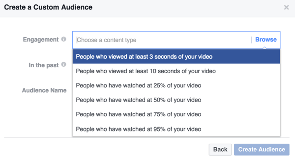 Sélectionnez les critères d'engagement pour votre audience vidéo personnalisée Facebook.