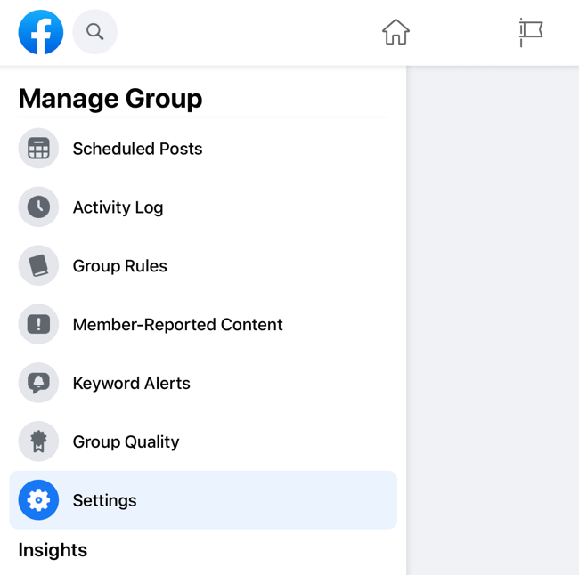 capture d'écran du menu de gestion du groupe facebook avec l'option des paramètres en surbrillance
