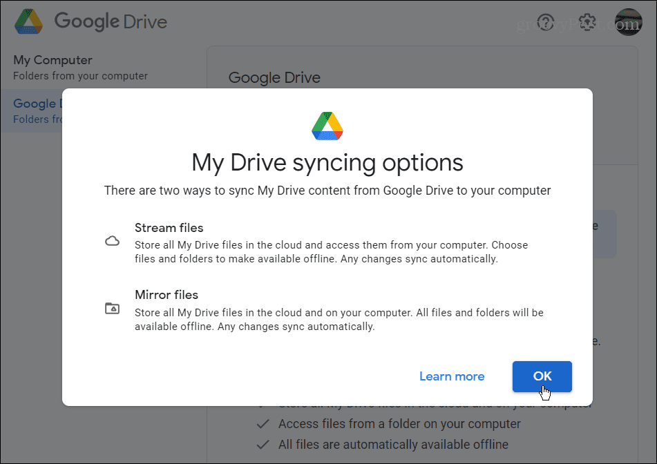 Paramètres de synchronisation Google Drive