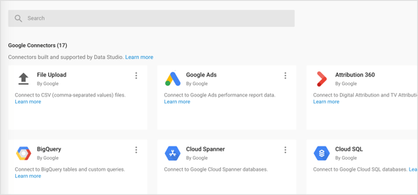 Importez trois types de connecteurs dans Google Data Studio: les connecteurs Google, les connecteurs partenaires et les connecteurs Open Source.