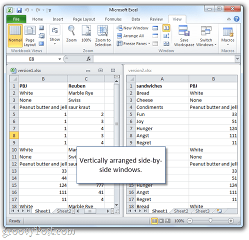 feuille de calcul Microsoft Excel côte à côte