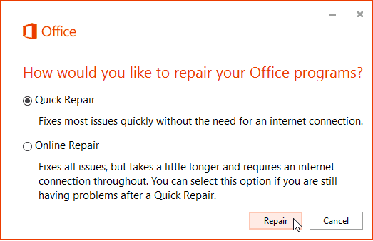 Réparation en ligne d'Office 365